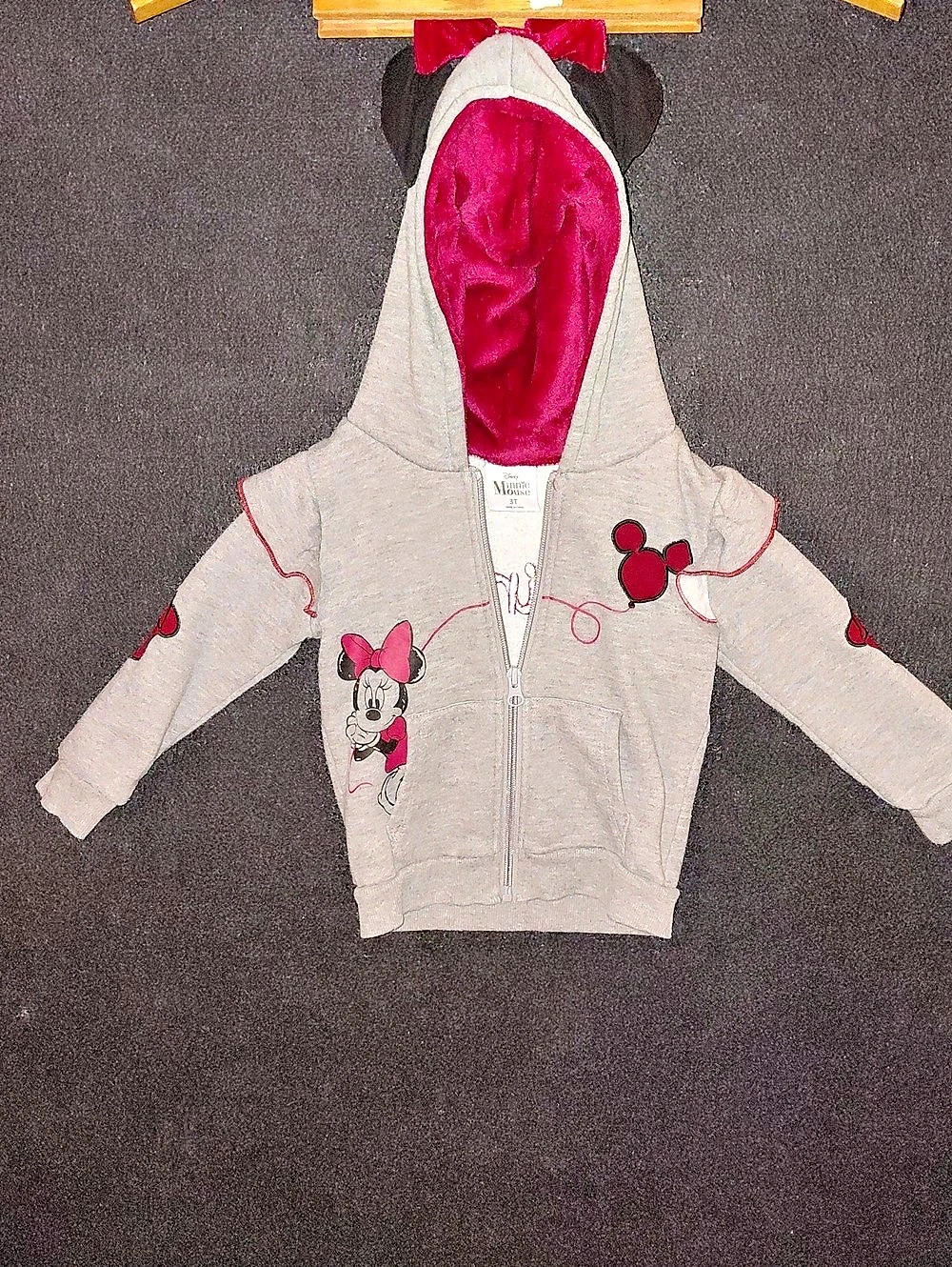 Disney Minnie Mouse Hoodie Zip Hoodie Girls 3T Gray Pink